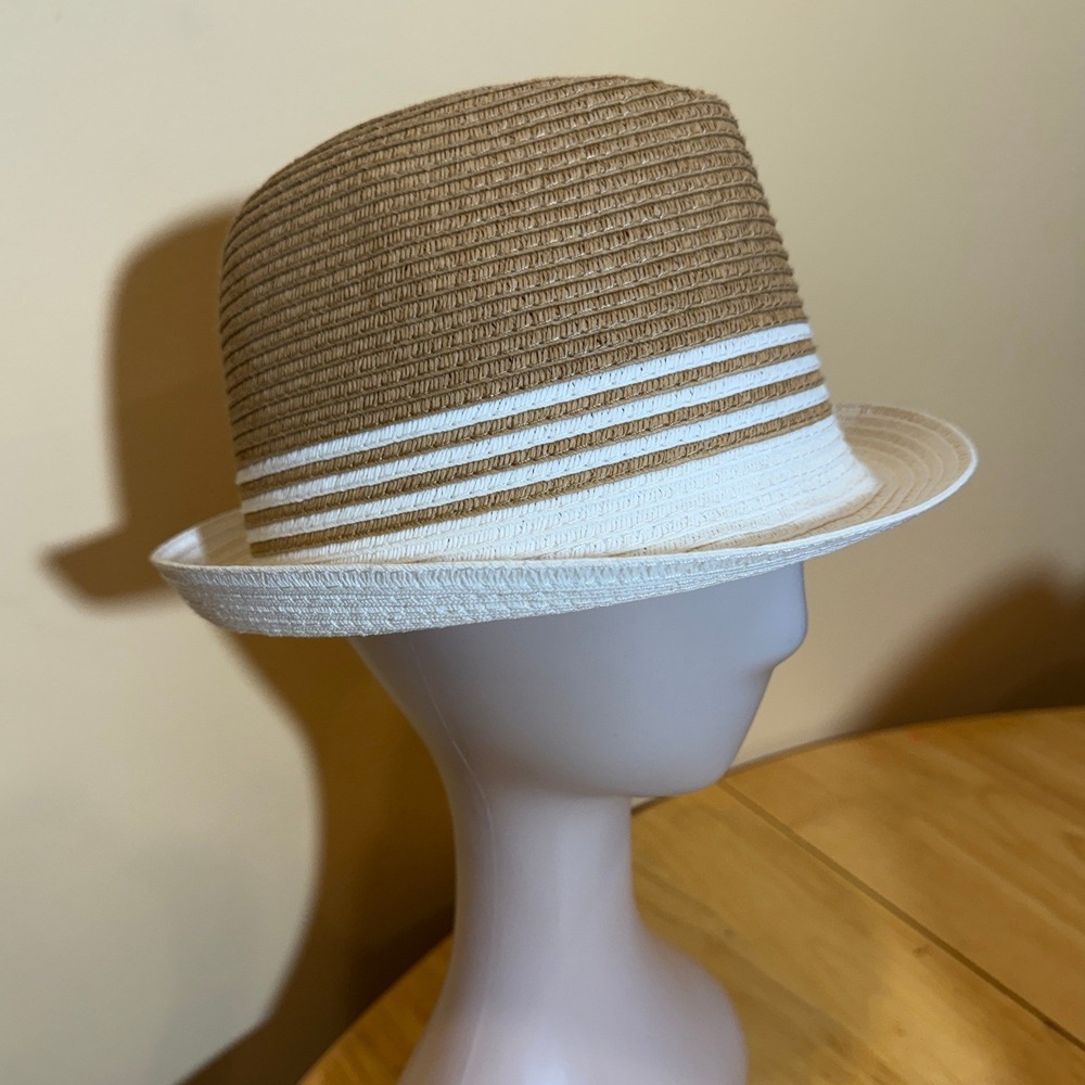 Sonoma Goods For Life Women Tan White Striped Paper Straw Fedora Hat